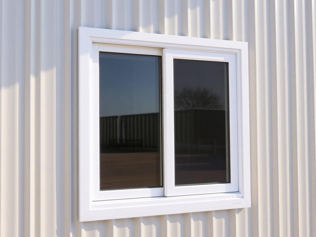 30 by 30 inch sliding window with screen set in a steel building wall