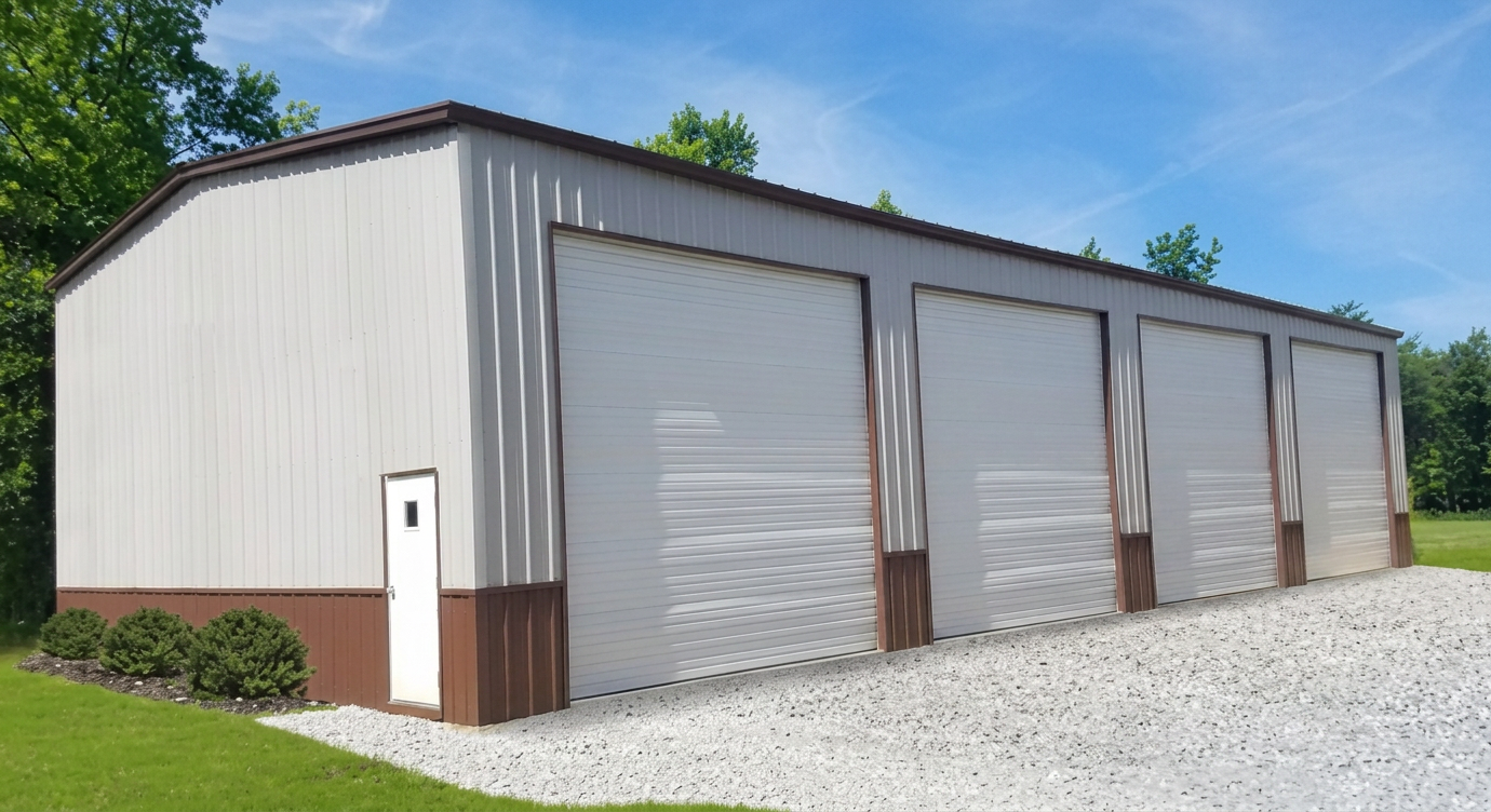 Garage — Tan & Brown steel garage, 30' × 70' × 16', Tan walls, Brown roof, White trim