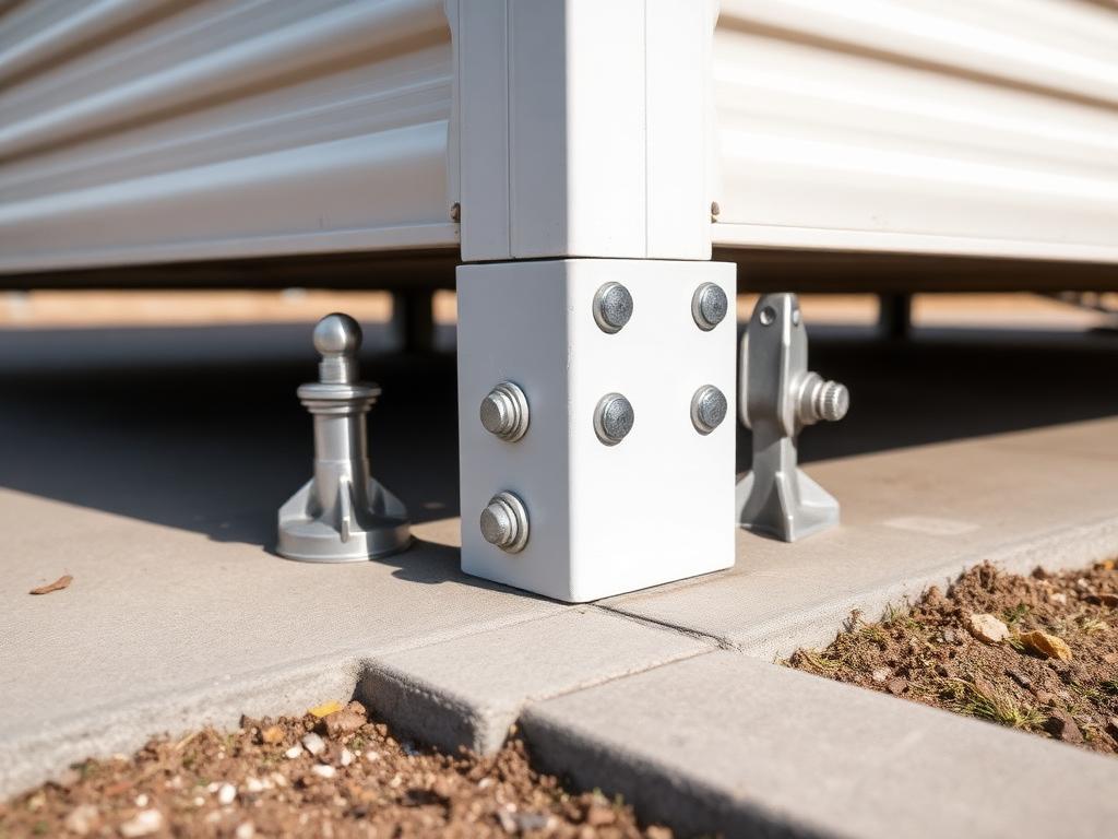 Concrete wedge anchor fastening a steel building base rail to a slab