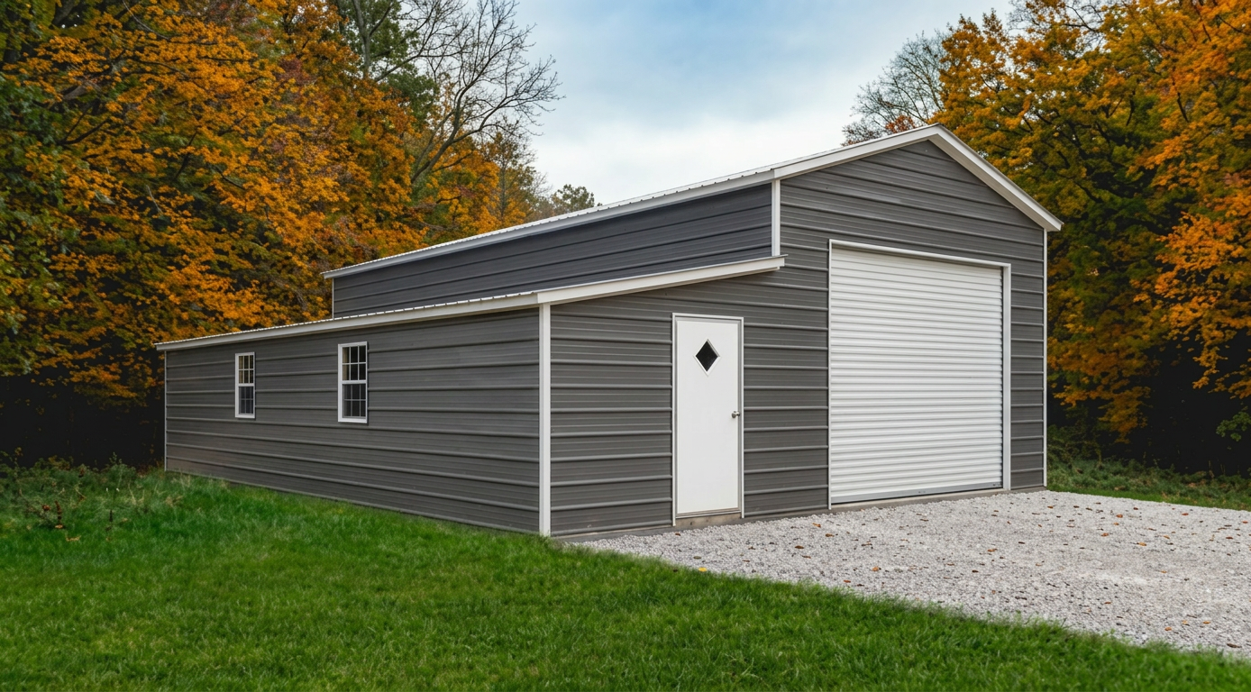 Garage with Enclosed Lean-To — Gray steel garage, 18' × 40' × 12', Pewter Gray walls, Charcoal Gray roof, White trim
