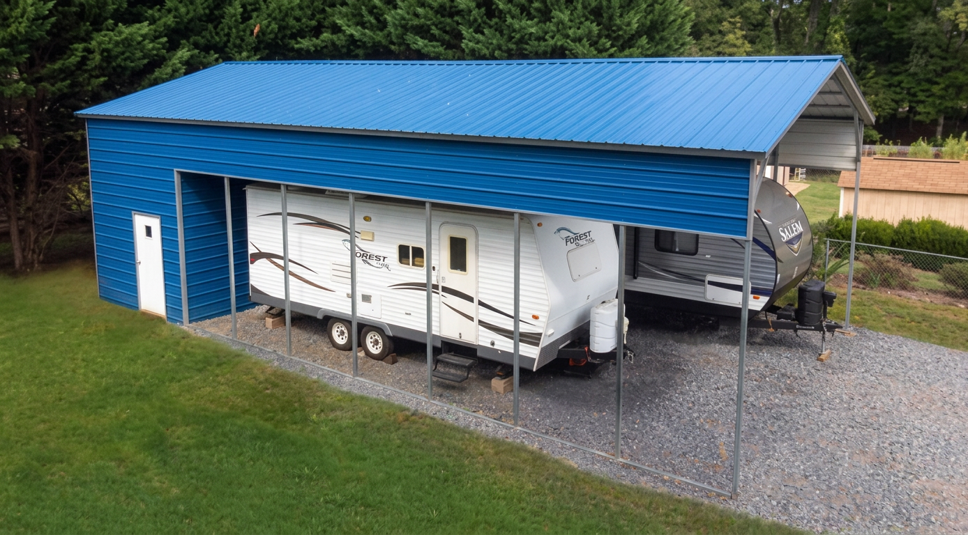 Utility Carport — Blue steel carport, 24' × 45' × 13', Gallery Blue walls, Gallery Blue roof, White trim