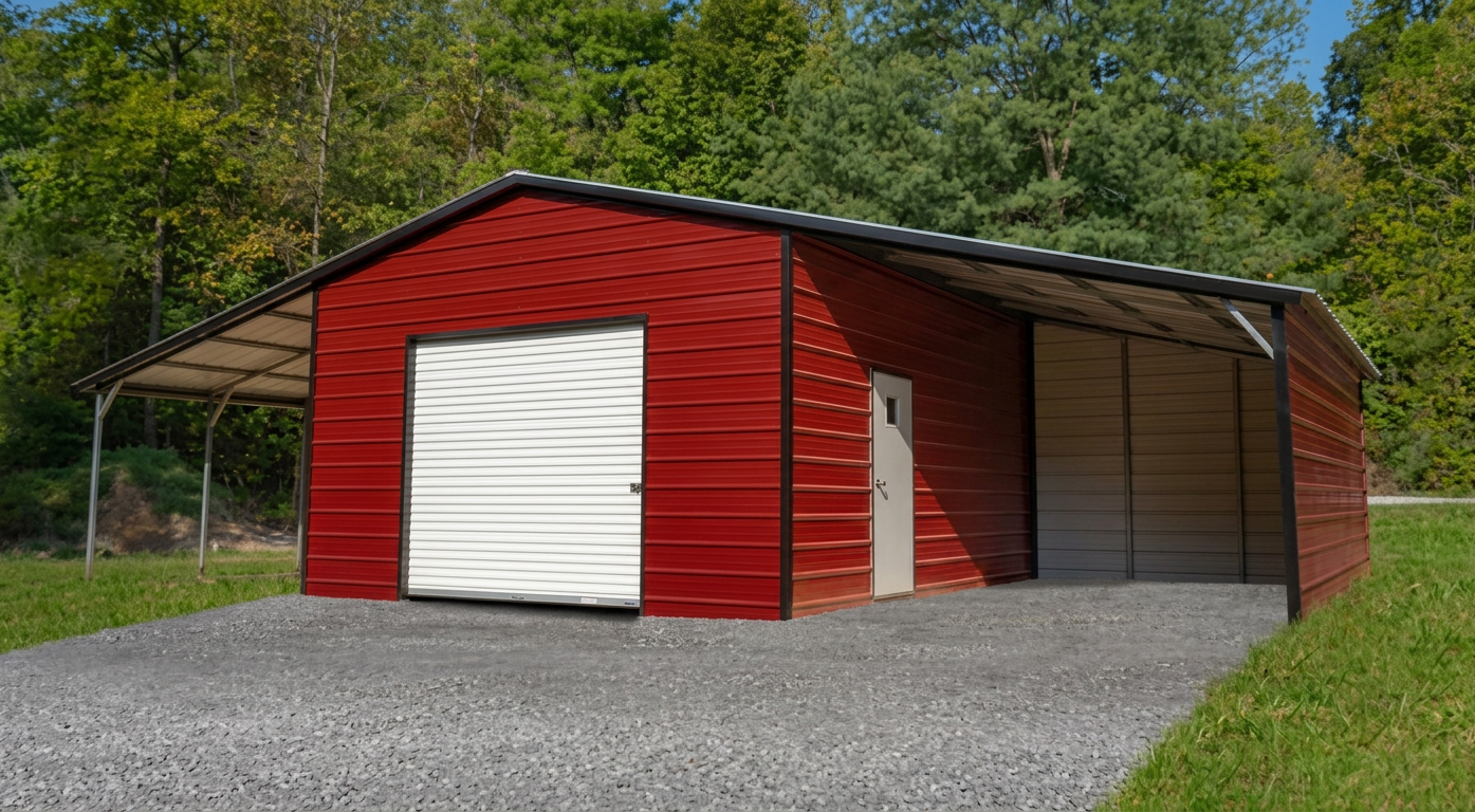 Seneca Barn — Barn Red steel barn, 42' × 20' × 10', Barn Red walls, White roof, White trim