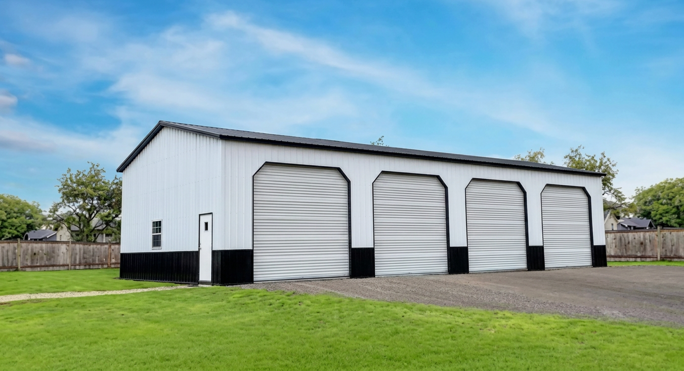 Garage — White & Black steel garage, 30' × 65' × 14', White walls, Black roof, White trim