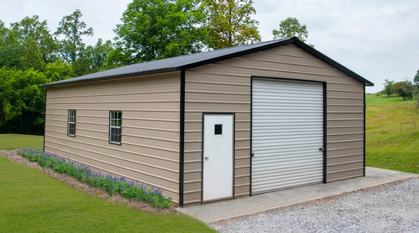 Garage — Tan steel garage, 24' × 35' × 10', Tan walls, Tan roof, White trim