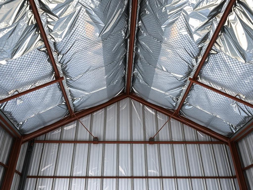 Double-bubble reflective foil insulation under a steel building roof
