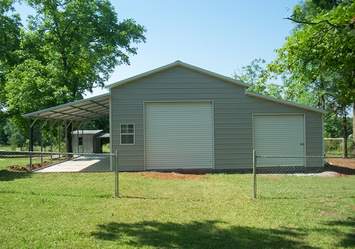 Carolina Barn — Gray steel barn, 44' × 35' × 12', Pewter Gray walls, Charcoal Gray roof, White trim