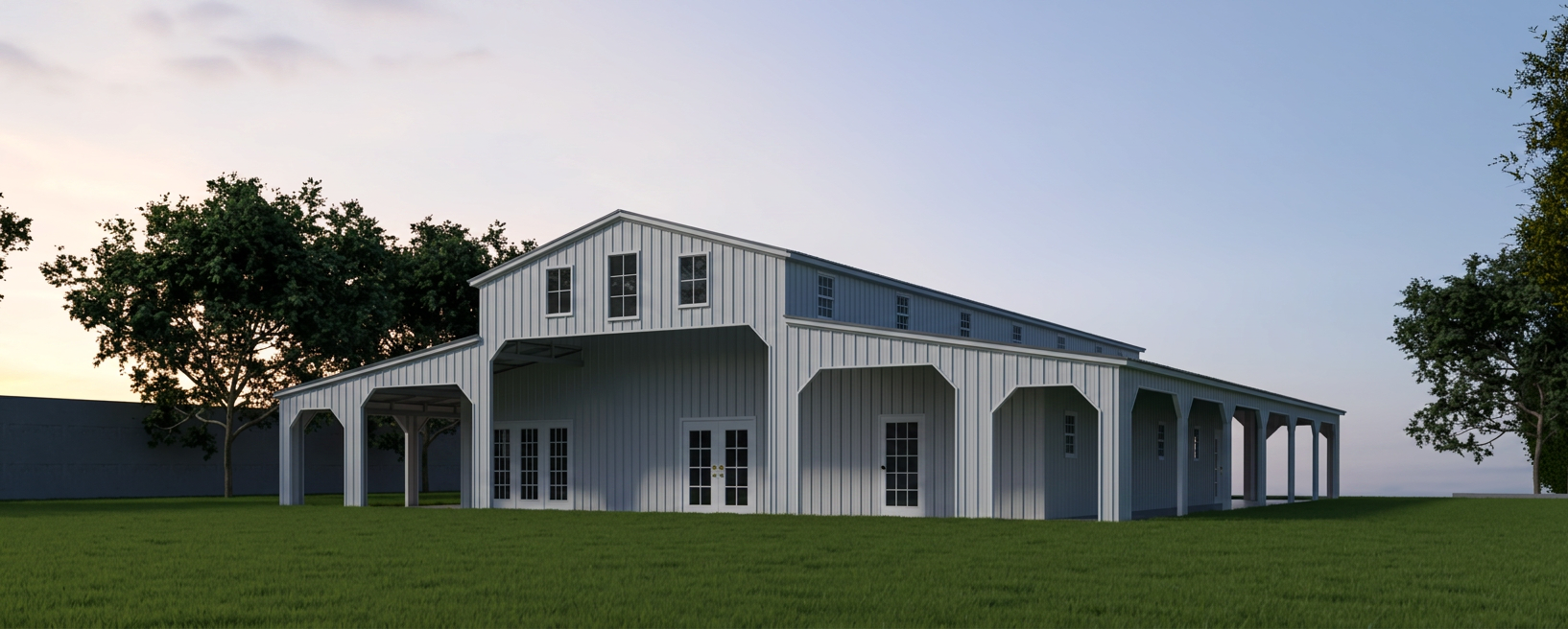 Carolina Barn steel barn, 78' × 80' × 20', Light Stone walls, Charcoal Gray roof, White trim
