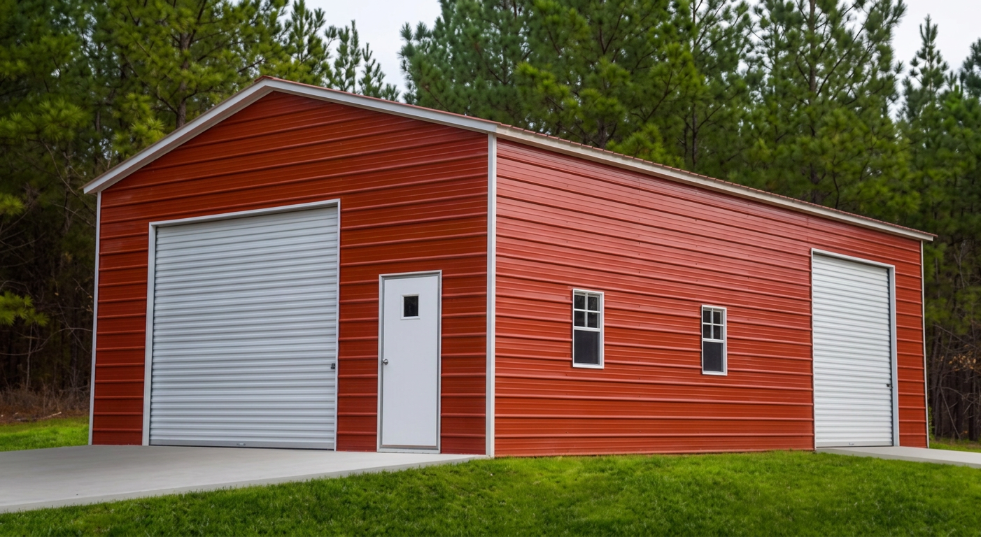 Garage — Red steel garage, 22' × 40' × 12', Barn Red walls, Charcoal Gray roof, White trim