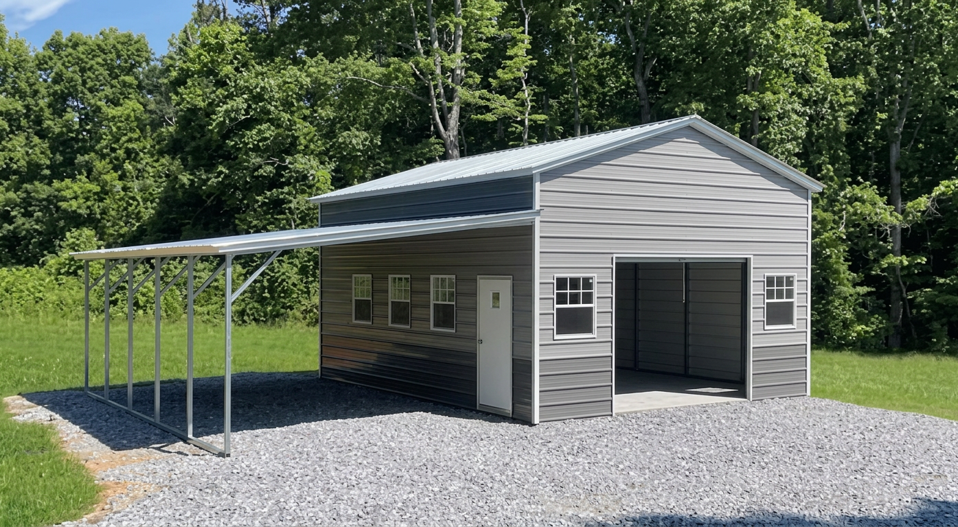 Garage with Lean-To — Gray steel garage, 18' × 25' × 12', Pewter Gray walls, Charcoal Gray roof, White trim