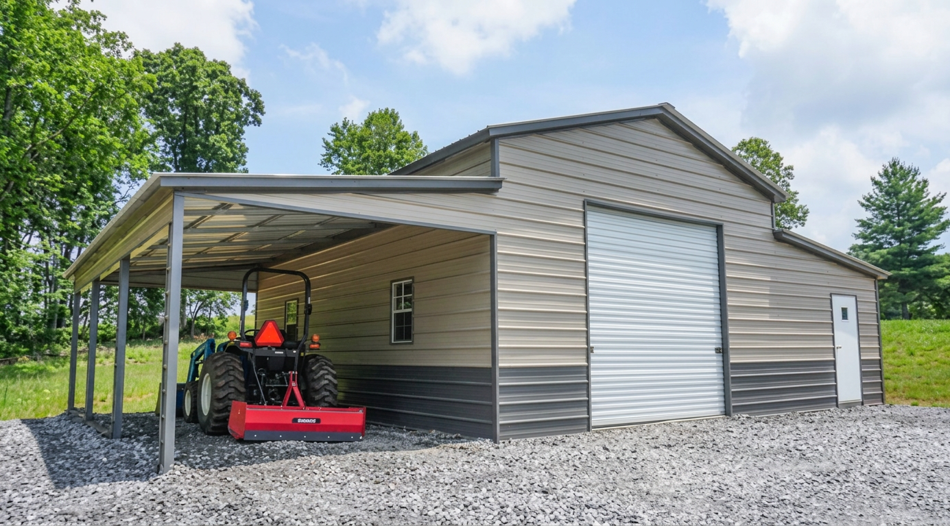 Carolina Barn — Tan & Gray steel barn, 44' × 30' × 12', Tan walls, Charcoal Gray roof, White trim