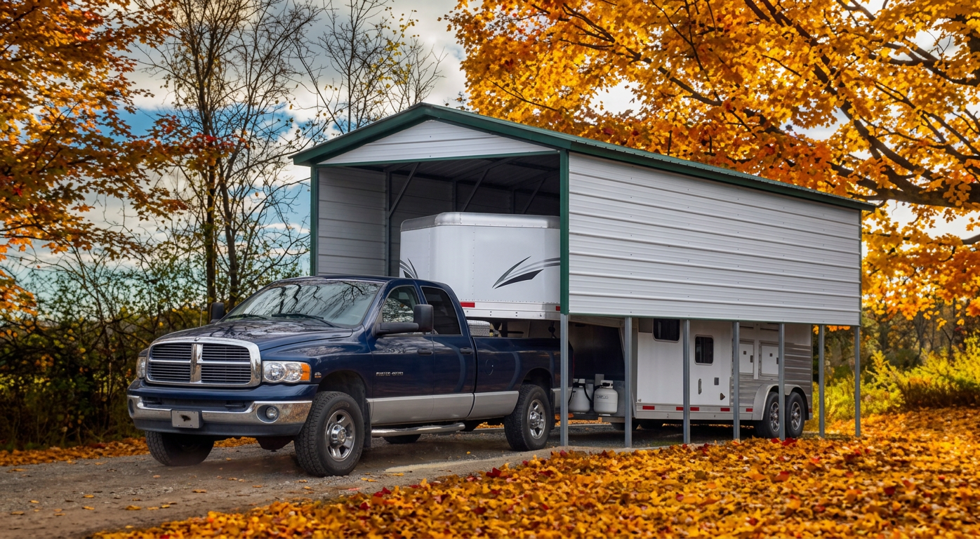 Regular Roof Carport with Half Side Panels — White steel carport, 12' × 30' × 12', White walls, White roof, White trim