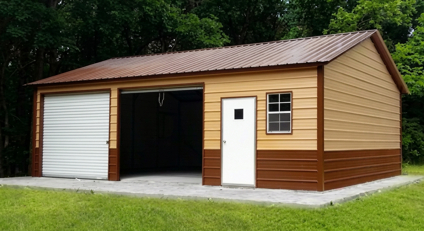 Garage — Tan & Brown steel garage, 24' × 30' × 9', Tan walls, Brown roof, White trim