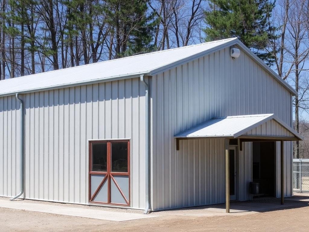 Side lean-to attached to a steel barn for equipment storage