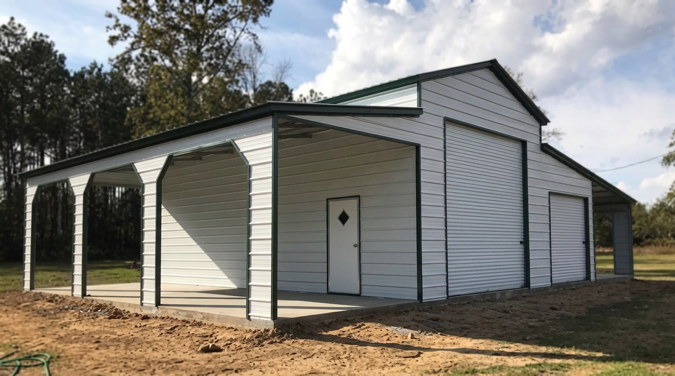 Carolina Barn — White steel barn, 54' × 40' × 14', White walls, White roof, White trim