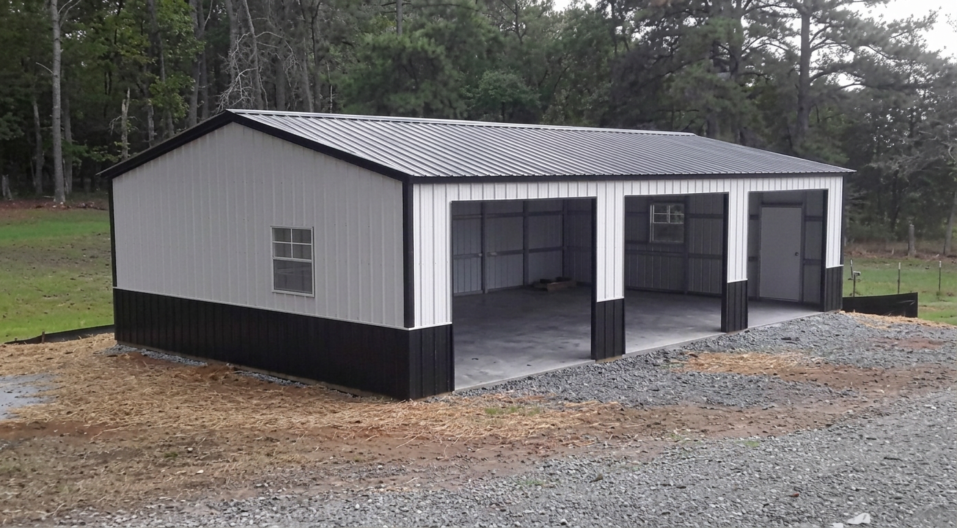 Vertical Roof Garage — White & Black steel garage, 24' × 35' × 9', White walls, Black roof, White trim