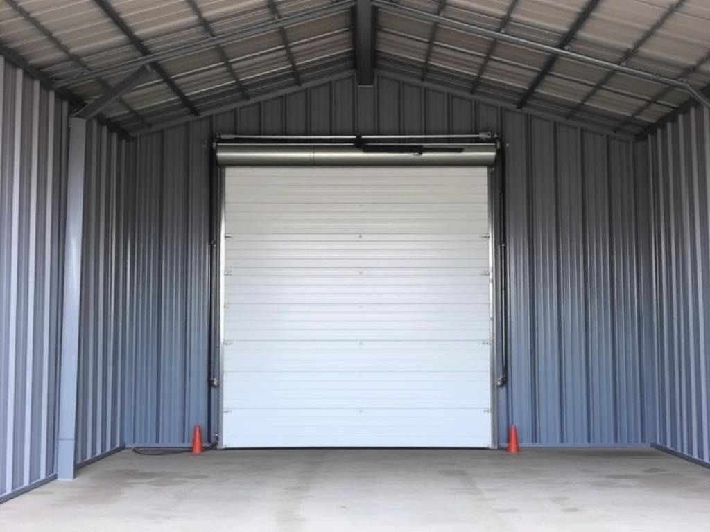 Roll-up steel garage door installed in a metal building end wall