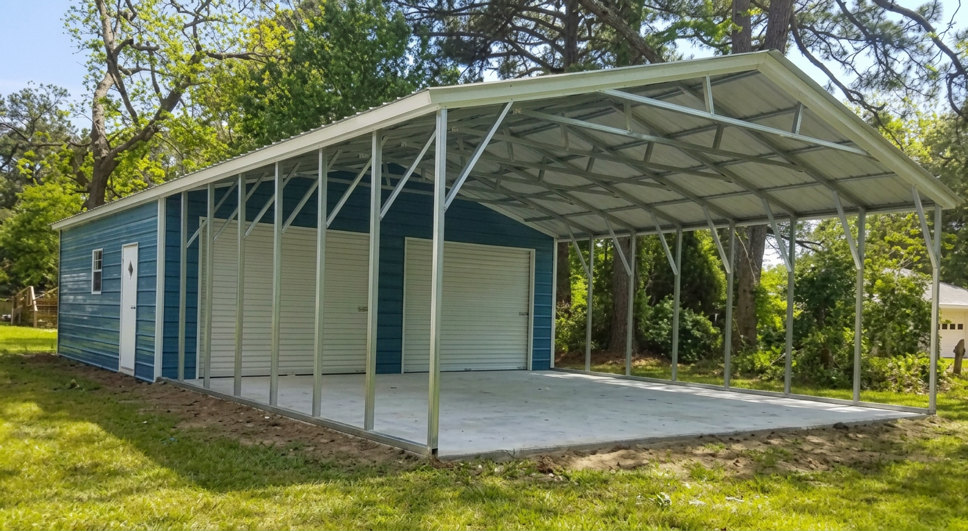 Utility Carport — Blue steel carport, 26' × 60' × 9', Gallery Blue walls, Gallery Blue roof, White trim